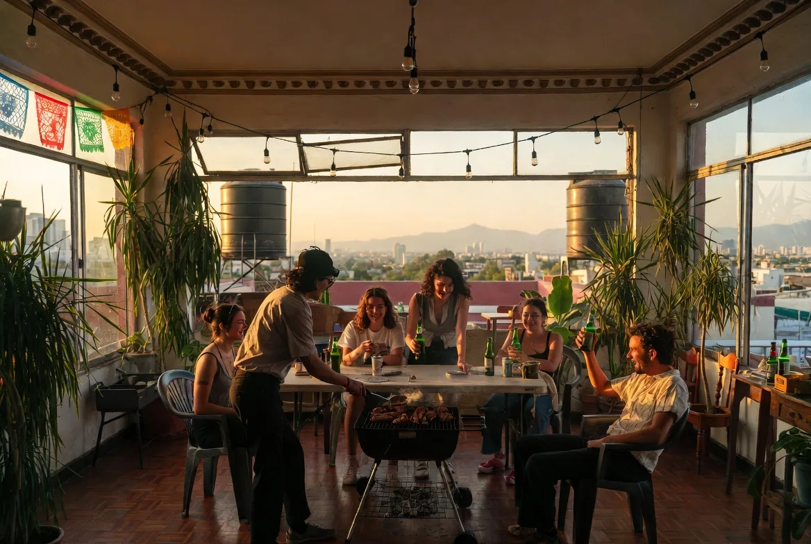 Parrillada entre huéspedes en el rooftop de un hostal de la Ciudad de México