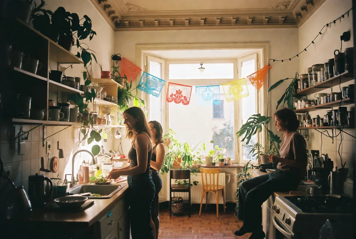 Cocina compartida equipada de un hostal en la Ciudad de México