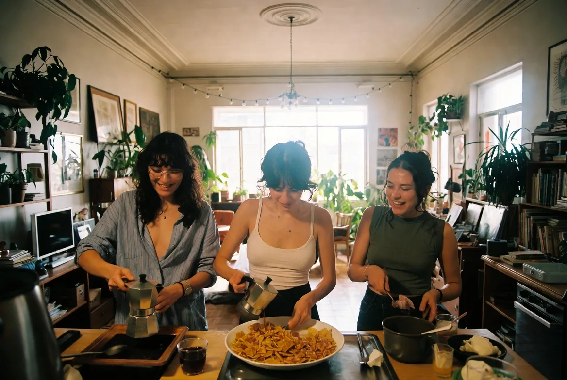 Roomies desayunando juntos en la cocina compartida de un hostal