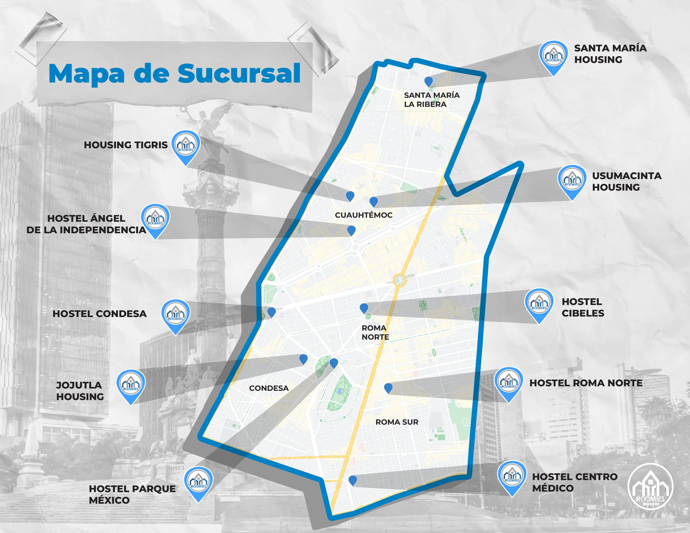 Mapa de las zonas de CDMX con hostales Roomies Express: Santa María la Ribera, Juárez, Roma Norte, Roma Sur y Condesa