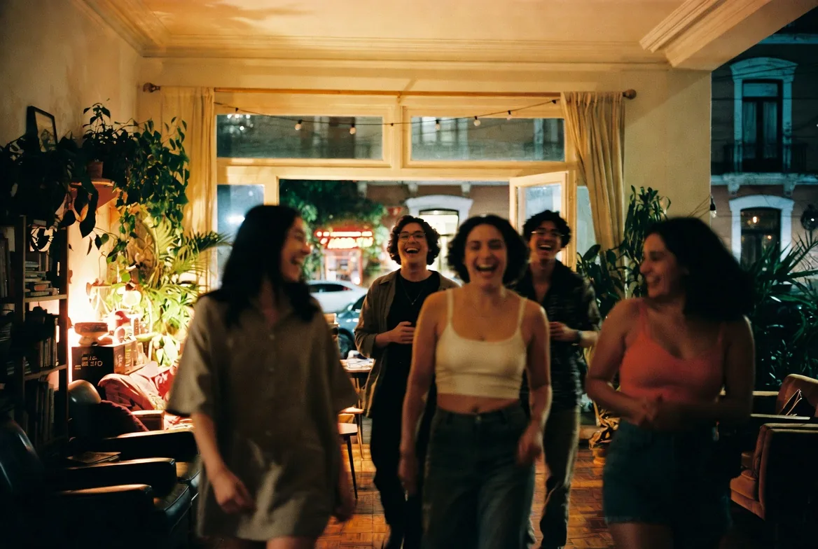 Grupo de viajeros de hostal saliendo de noche por la Ciudad de México